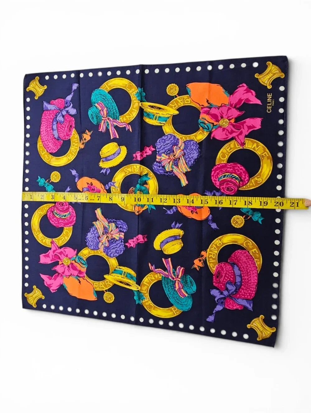 Celine Paris Cotton Scarf with Navy, Magenta & Gold Hats And Rings Print - Picture 6 of 7